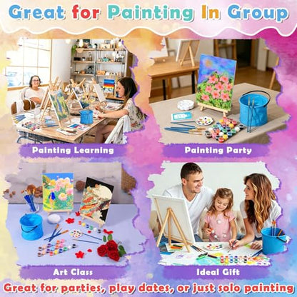 Flasoo 6 Pack 8x10 Canvas Painting Kit, 75 PCS Sip and Paint Kit, Paint and Sip Kit for Adults with Acrylic Paint, 32 Brushes, Palettes, Aprons, Tablecloth, Folding Cups for Paint Night, Gift - color: 12 colors-6pack