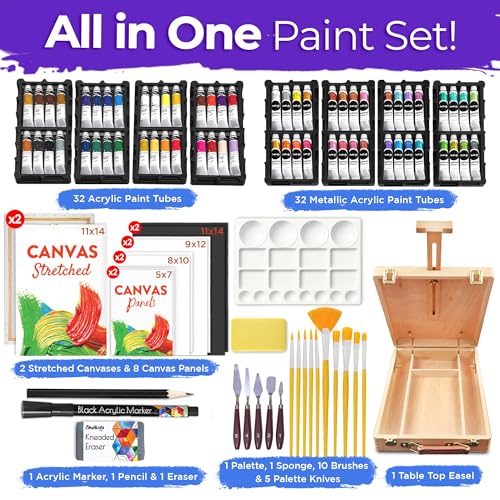 Chalkola 95 Pcs Acrylic Painting Kit for Adults Art - 64 Acrylic Paint Set | Wood Tabletop Easel, Canvas, Art Brushes, Palette, Knife - Professional Canvas Painting Supplies for Artists & Beginners - size: 95 Full Acrylic Set