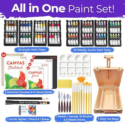 Chalkola 95 Pcs Acrylic Painting Kit for Adults Art - 64 Acrylic Paint Set | Wood Tabletop Easel, Canvas, Art Brushes, Palette, Knife - Professional Canvas Painting Supplies for Artists & Beginners - size: 95 Full Acrylic Set