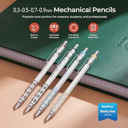 Nicpro 4 Pack Blocky Gear 0.3/0.5/0.7/0.9 mm Metal Mechanical Pencils Set | Lead Drafting Pencil with 8 Tube Break-resistant Lead(HB 2B), Erasers, Eraser Refills, Case for Art Writing Sketching Drawing - style: 0.3 0.5 0.7 0.9mm