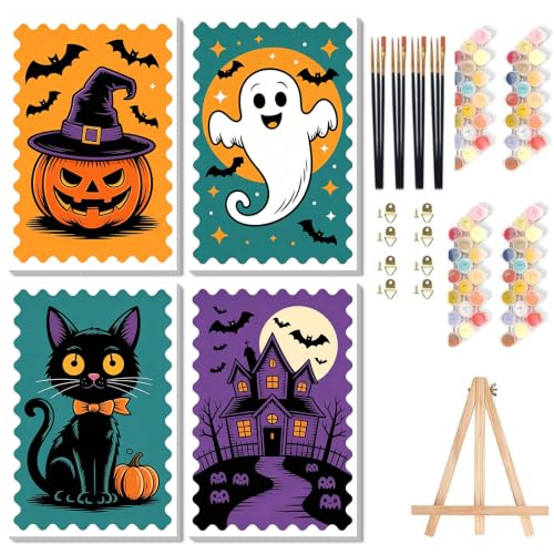 HITO 4 Pack Halloween Paint by Numbers Kit for Kids 6-8-12 with Frame Easel | Halloween Paint by Numbers for Kids,Beginner Painting with Number DIY Acrylic Oil Painting Kits for Home Wall Decor 8X12 inch - color: BKH2742-2745-US