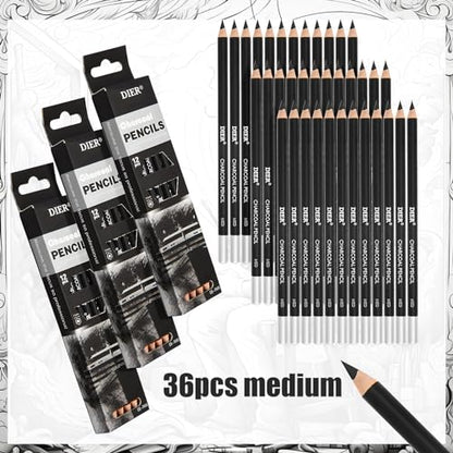 Geyoga 36 Pcs Professional Charcoal Pencils Soft, Medium and Hard for Drawing Charcoal Pencils for Sketching Shading Drawing Blending Portrait(Black, Medium) - style: Medium