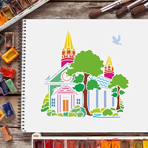 FINGERINSPIRE Church Stencil for Painting, 11.8x11.8 Inch Reusable DIY Art and Craft Stencils, Castle Stencil Drawing on Wood, Canvas, Paper, Fabric, Walls and Furniture - color: Church