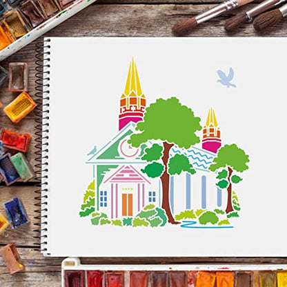 FINGERINSPIRE Church Stencil for Painting, 11.8x11.8 Inch Reusable DIY Art and Craft Stencils, Castle Stencil Drawing on Wood, Canvas, Paper, Fabric, Walls and Furniture - color: Church