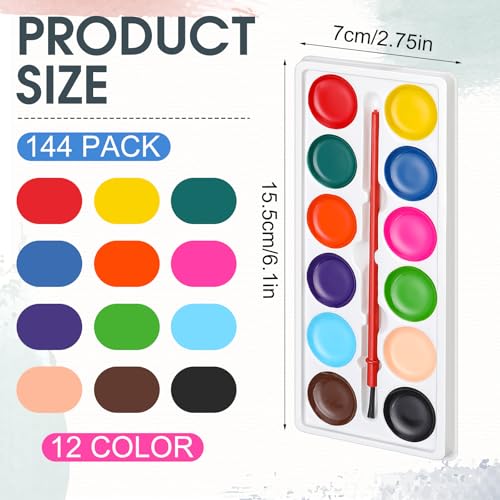 Outus 144 Pcs Watercolor Paint Set Bulk Mini Paint Set Washable Watercolor Palette with Painting Brushes for Art Party Supplies Prizes Stocking Stuffers, 3.3 x 2.6 Inch(12 Colors) - style: 12 Colors