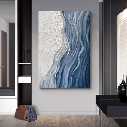 Art Hand-Painted Blue and White Texture Abstract Art Oil Painting Modern Art Oil on Canvas Large Wall Art Deco 45x30 inches - color: Yi049