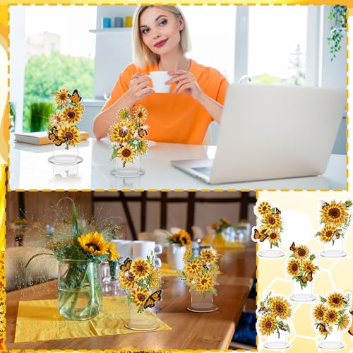 Kosiz 9 Pcs Sunflower Diamond Painting Tabletop Decoration, Double-sided Acrylic Sunflower Diamond Art Kit for Adult, DIY 5d Rhinestone Yellow Flower Centerpiece for Table Home Desk Decor Spring Gifts - style: Sunflower