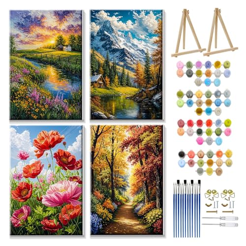 JOOZ 4 Pack Paint by Numbers Kit for Adults with Frame Landscape Paint by Number with Easel DIY Flowers Oil Painting Kits for Home Wall Decor 8x12 Inch - color: Landscape 010