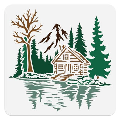 Forest Cabin Tree Stencil for Painting, 11.8"x11.8" Reusable The Lake House Stencil Drawing Template, DIY Craft Paint Template for Wall Home Decor Wood Burning Card Canvas Journal - style: Forest
