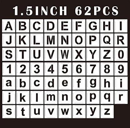 Letter Stencils Kit 1.5 Inch, Reusable Plastic Letters and Numbers Interlocking Stencil Set 62 Pcs, Plastic Stencils for Wood Signs, Wall, Fabric, Chalkboard, Signage, DIY School Projects - color: 1.5 inch