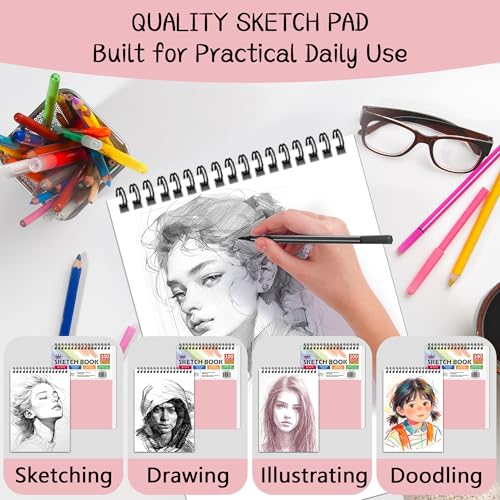 WINNER 9" x 12" Sketch Book 4 Pack, 400 Sheets Spiral Bound Art Sketchbook, 68lb/100gsm White Acid Free Drawing Pad, Sketching Drawing Writing Sketch Pad for Kids, Adults, Art Supplies, Pink - color: Pink, size: 9"x12"