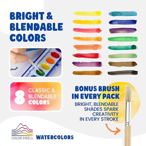 Color Swell 8 Color Bulk Watercolors with Wood Brushes, 36 Pack