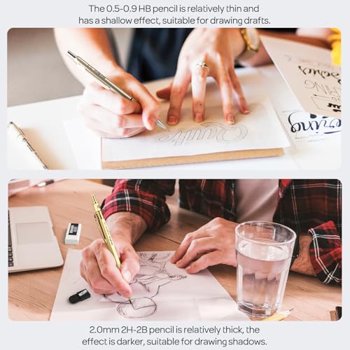 Nicpro 37PCS Gold Art Mechanical Pencil Set, 0.3/0.5/0.7/0.9/2mm Point | 360 Lead Refills(6B 4B 2B HB 2H 4H) 4 Erasers+18 Eraser Refills, Full Metal, School Supplies for Sketching Drawing Drafting - color: Gold, style: 0.3 0.5 0.7 0.9 2.0