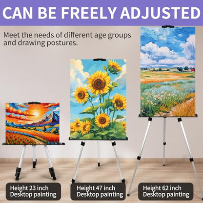 4 Pack Art Painting Artist Easel Stand Adjustable Portable Aluminum Metal Tripod Display Easel with 4 Bag Height from 20-66 Inches Tabletop Art Easel for Table-Top/Floor Drawing and Displaying,Silver