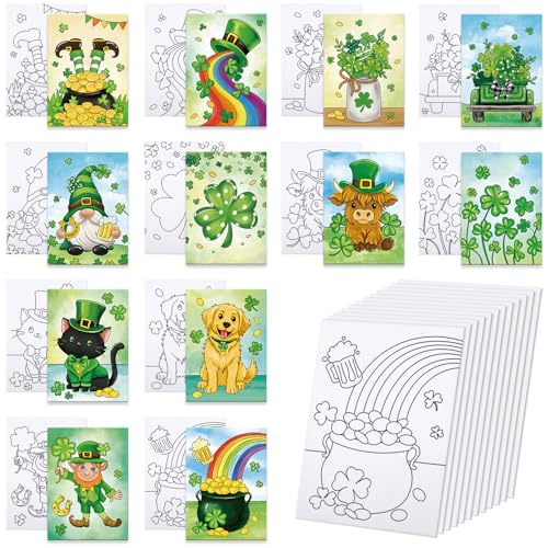Anseal 12 Packs St. Patrick's Day Pre Drawn Canvas to Paint, 5" X 7" Pre Printed Canvas for Painting, Pre Stretched Canvas Outline Painting Boards for Paint Lovers, Party Favor - color: St. Patrick's Day