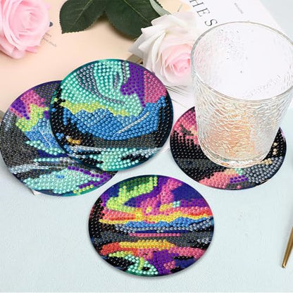 gganmtere 8P Aurora Diamond Art Coasters Kits, Landscape Diamond Painting Coasters Kits for Adults with Holder, DIY 5D Nature Scenery Diamond Dots Present - color: Jxbd121