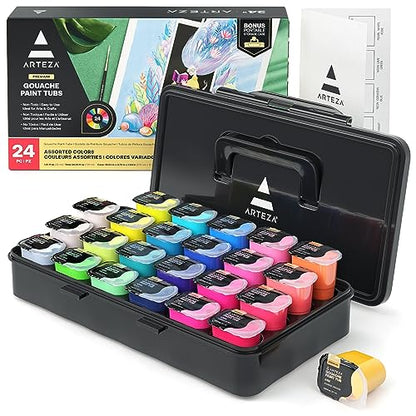 ARTEZA Gouache Paint Set, 24 Jelly Paint Tubs, 30 ml/1 fl oz, Opaque Colors