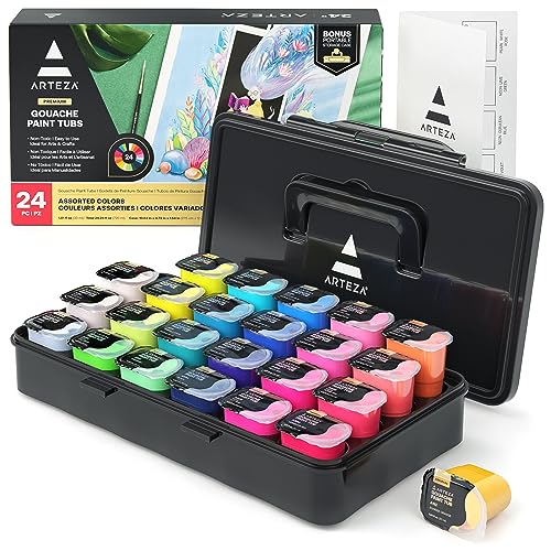 ARTEZA Gouache Paint Set, 24 Jelly Paint Tubs, 30 ml/1 fl oz, Opaque Colors