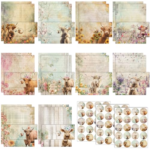 TaoBary 160 Pcs Floral Highland Cow Stationery Paper and Envelopes Set 50 Double Sided Lined Stationery Paper with 50 Envelopes and 60 Round Dot Sticker 8.5 x 11'' Letter Writing Kit, 10 Design - size: 8.5 x 11 Inch, style: Floral Highland Cow