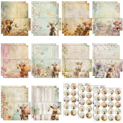 TaoBary 160 Pcs Floral Highland Cow Stationery Paper and Envelopes Set 50 Double Sided Lined Stationery Paper with 50 Envelopes and 60 Round Dot Sticker 8.5 x 11'' Letter Writing Kit, 10 Design - size: 8.5 x 11 Inch, style: Floral Highland Cow