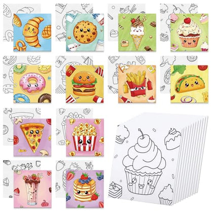 Anseal 12 Packs Pre Drawn Canvas to Paint, 4" X 4" Foods Pre-Printed Paint Party for Painting, Pre Stretched Canvas Outline Painting Boards for Paint Lovers, Party Favor - style: Foods