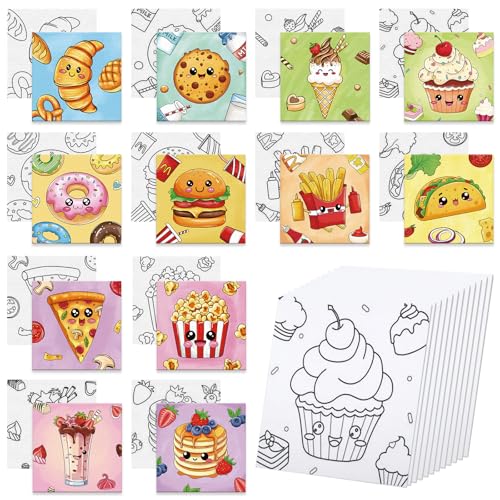 Anseal 12 Packs Pre Drawn Canvas to Paint, 4" X 4" Foods Pre-Printed Paint Party for Painting, Pre Stretched Canvas Outline Painting Boards for Paint Lovers, Party Favor - style: Foods