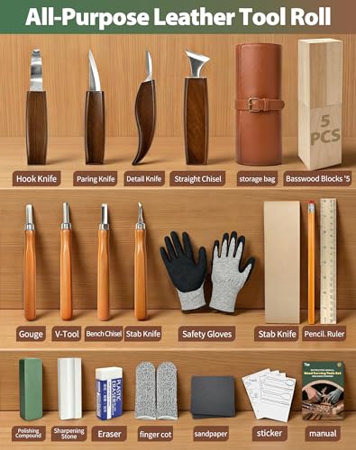 T98 28Pcs Wood Carving Kit, 8 Carving Knives Templates Leather Bag Gift