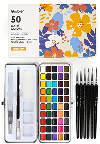 Grabie 50 Color Watercolor Paint Set with Detail Paint Brushes | High Pigment Paints, Blendable Colors, Portable Travel Case, Painting, Sketching, Illustration, Beginner And Hobby Artists - color: 50 Colors