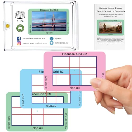 Fibonacci Grid Directors Viewfinder Card | Australian Designed and Made; Artist Viewfinder for Drawing and Photography; 3:2, 4:3 and 16:9 - size: Fibonacci Grid