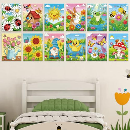 Louise Maelys Pre Drawn Canvas to Paint for Kids, 12 Pack Flowers & Animals - color: SPRING