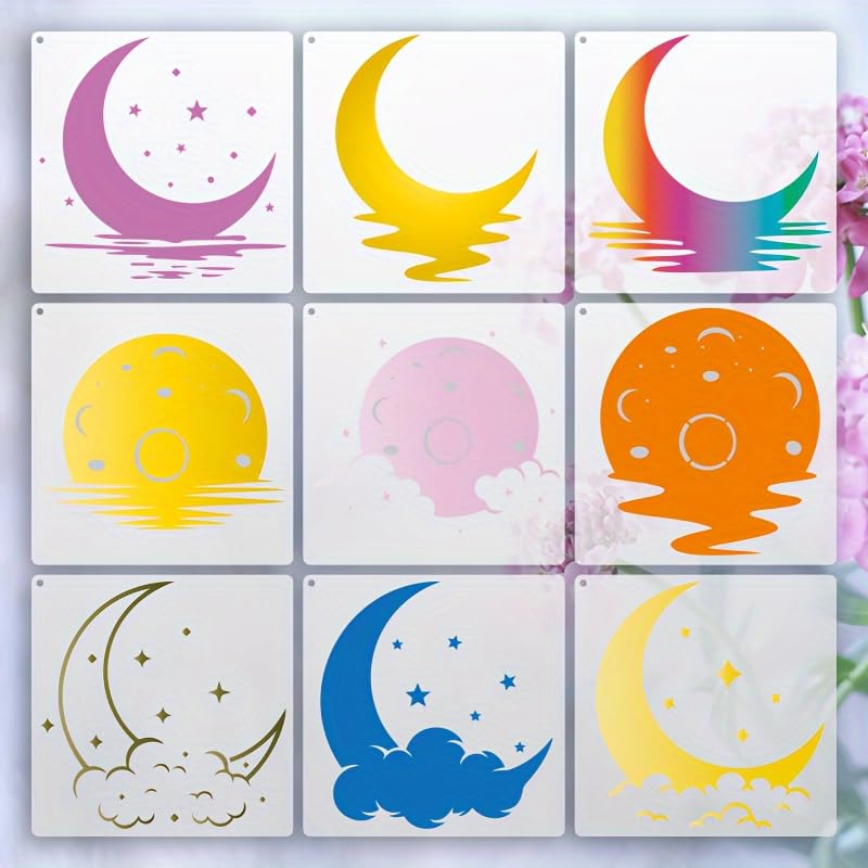 Moon and Stars Stencil Templates, 9-Piece Set, 6.3 x 6.3 Inch, for DIY Art, Painting, Scrapbooking - color: 9 Moon