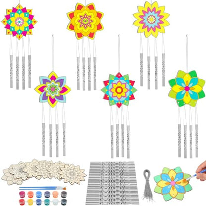 Silipull 24 Sets Lotus Mandala Wood Wind Chime Kit for Kids | Unfinished Wooden Chimes with Paints, Color Your Own Designs, School Projects, Party Crafts, Home Hanging Ornaments - style: Lotus