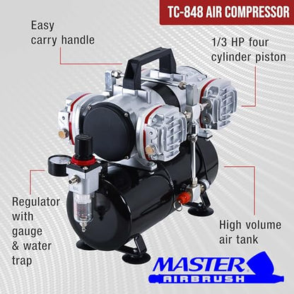 Master Airbrush TC-828 Airbrush Compressor with Tank- 1/3 HP Quad Cylinder, 4L Air Tank, 78L/Min Flow, Multi-Airbrush & Spray Gun Support, True Diaphragm Regulator, Portable - Ideal for Artists - style: Quad Piston with Tank