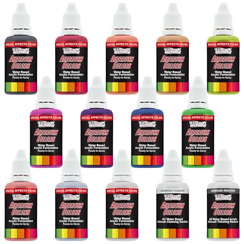 U.S. Art Supply Airbrush Paint Set - 12 Color Pearlized with Reducer & Cleaner, Ready to Spray Air brush Paint, 1-Ounce Water-Based Acrylic for Painting Metal, Plastic Models, Canvas, Wood - color: 12-Color Pearl Set