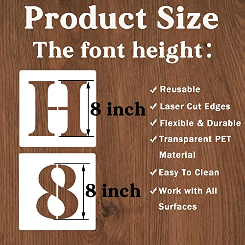 YEAJON 8 Inch Letter Stencils and Numbers, 40 Pcs Alphabet Drawing Templates, Reusable Plastic Art Craft Stencils for Painting on Wood, Wall, Fabric, Rock, Signage, Door Porch - size: 8 Inch