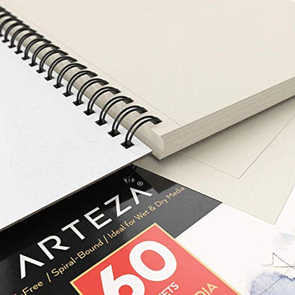 ARTEZA Mixed Media Sketchbook, 9x12 Inches – 2-Pack, 60 Spiral-Bound Sheets, 110 lb Acid-Free Paper for Wet & Dry Media: Acrylic, Ink, Pencil & More - size: 9"x12" (Pack of 2)