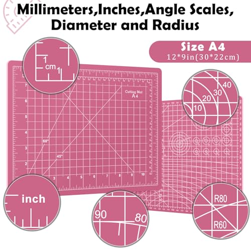 Sewing Cutting Mat 12in x 9in,Small Self Healing Cutting Board A4 Rotary Cutting Mat for Crafts Pink Double Sided Thickened PVC Craft Cutting Board for Quilting Hobby Fabric Precision - color: Pink, size: 11.8"L x 8.7"W