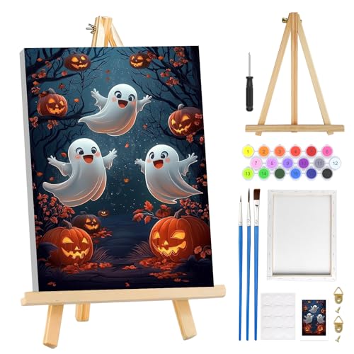 MOGTAA Halloween Paint by Numbers Kit for Adults Beginners with Frame, Ghost Adult Paint by Number Kits on Canvas with Easel, Easy DIY Oil Painting Kits for Home Decor, 8x12in - color: Halloween Ghost2