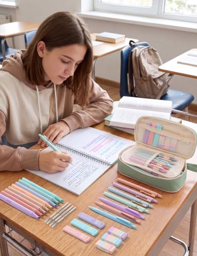 SUNEE Pencil Case with Supplies, 35PCS Aesthetic Stationery Set with Pastel Highlighters, Black Gel Pens, Mechanical Pencils & Refills, College School Supplies for Students Girls, Green - color: Green, style: 35 Pack