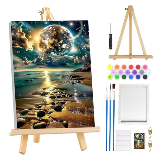 MOGTAA Starry Sky Paint by Numbers Kit for Adults Beginners with Frame, Beach Landscape Adult Paint by Number Kits on Canvas with Easel, Easy DIY Oil Painting Kits for Home Decor, 8x12in - color: Starry Sky