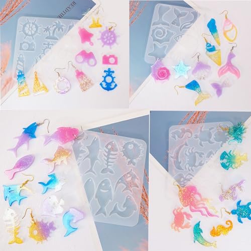 4 Piece Resin Earring Molds, Ocean Life Jewelry DIY Silicone Molds UV Resin Jellyfish Shell Starfish Earrings Keychain Lighthouse Ship Wheel Necklace Pendant Craft Supplies - color: Ocean