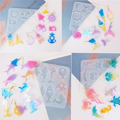 4 Piece Resin Earring Molds, Ocean Life Jewelry DIY Silicone Molds UV Resin Jellyfish Shell Starfish Earrings Keychain Lighthouse Ship Wheel Necklace Pendant Craft Supplies - color: Ocean
