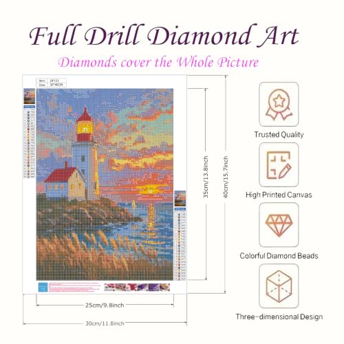 Seaside Lighthouse 5D Diamond Art Kit for Adults Full Drill Canvas | 12x16 inch canvas, complete tool set, DIY wall art, relaxing craft, seaside lighthouse scene - color: QD153