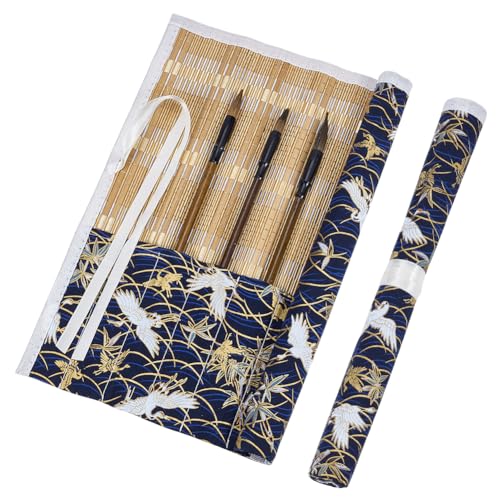 AHANDMAKER 1Pc Bamboo Brush Holder Rollup Portable Protector with Khaki Crane Pattern Storage Organizer Roll-Up Case Bag for Paintbrushes Pencils, Pens Tools Storage 350x312x3mm - color: Brown