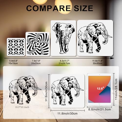 MAYJOYDIY 3Pcs African Elephant Stencils Mandala Elephant Painting Stencil 11.8×11.8/11.7×8.3inch Reusable Wildlife Drawing Template with Paint Brush for Craft on Window Wood Wall Home Decor - style: African Elephant