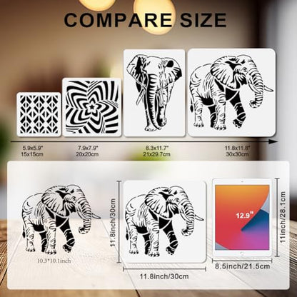 MAYJOYDIY 3Pcs African Elephant Stencils Mandala Elephant Painting Stencil 11.8×11.8/11.7×8.3inch Reusable Wildlife Drawing Template with Paint Brush for Craft on Window Wood Wall Home Decor - style: African Elephant