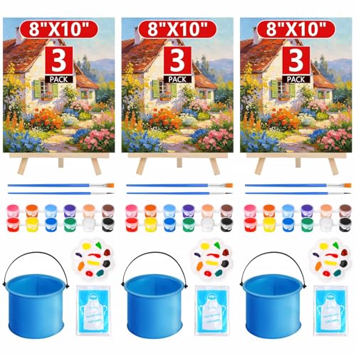 Flasoo 3-in-1 Painting Kit for Adults – 3 Canvases 8x10 in, 3 Wood Easels, Acrylic Paint, Brushes, Palettes, Folding Water Cups – Art Supplies for Paint Night, Birthday Party, Creative Gift - color: colorful-3pack