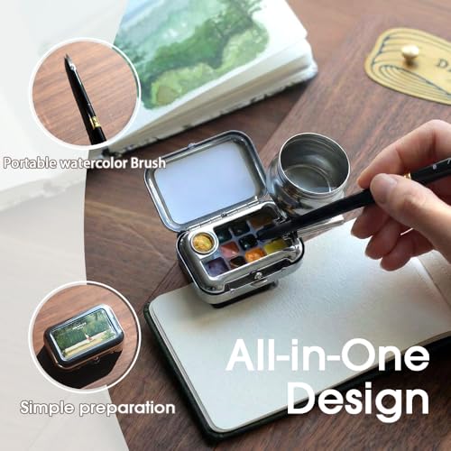 D10 Mini Watercolor Palette Travel Set - 10 Colors Portable Tin with Magnetic Metal Clip & Tiny Water Bottle - Micro Pocket Paint Kit for Urban Sketching, Art Journaling & Plein Air