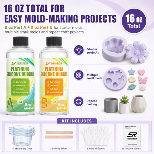Platinum Silicone Mold Making Kit 16 oz, 15A, 1:1 Self-Degas | 16 oz platinum silicone, 1:1 mix, flexible 15A, self-degassing flow and fine-detail casting for reusable craft molds.