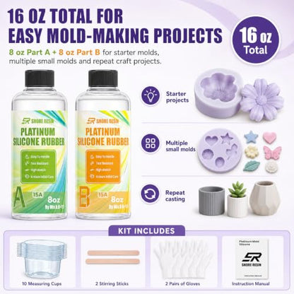 Platinum Silicone Mold Making Kit 16 oz, 15A, 1:1 Self-Degas | 16 oz platinum silicone, 1:1 mix, flexible 15A, self-degassing flow and fine-detail casting for reusable craft molds.